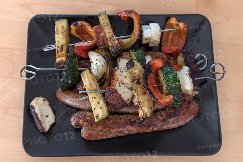 Ready-grilled vegetable skewers, Bavaria, Germany, Europe