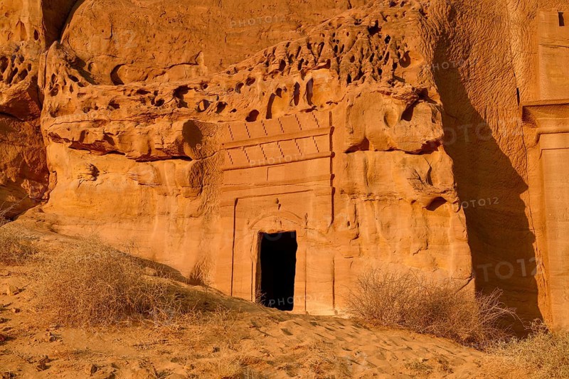Nabataean tomb at Djabal Al-Ahmar in first daylight, Tomb of Hinat (IGN 117), Hegra or Madain Salih, AlUla region, Medina province, Saudi Arabia, Arabian Peninsula, Asia