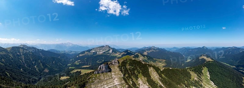 Drone shot, panorama shot, mountain landscape, summit massif of the Regenspitz, Osterhorngruppe, Salzkammergut, province of Salzburg, Austria, Europe