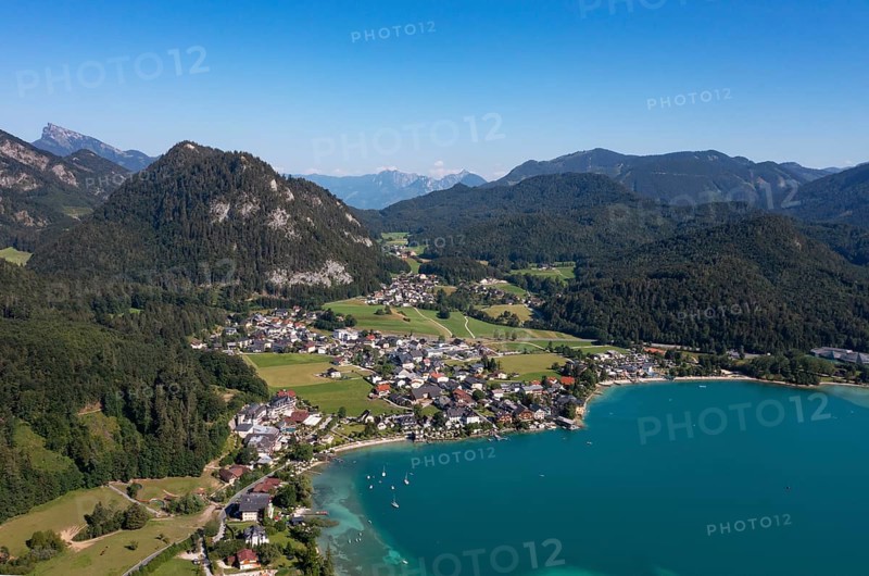 Drone shot, panorama shot, Fuschlsee, Fuschl am See, Alpine foothills, Salzkammergut, Land Salzburg, Austria, Europe