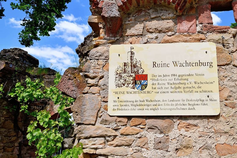 Wachenheim, Germany, May 2023: Information board at entrance of spur castle ruin called Wachtenburg in Rhineland-Palatinate, Europe