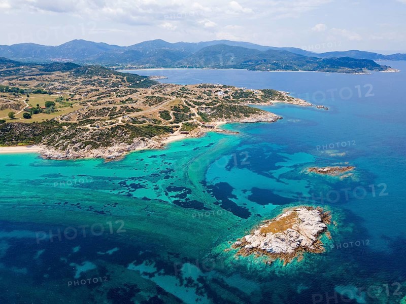 Aerial view, ghost town and beach, Kriaritsi, Sithonia, Chalkidiki, Central Macedonia, Greece, Europe