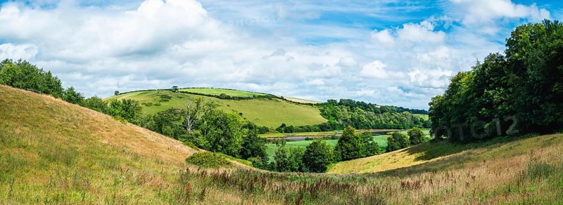 Panorama of Sharpham Meadows and Marsh over River Dart from a drone, Totnes, Devon, England, United Kingdom, Europe