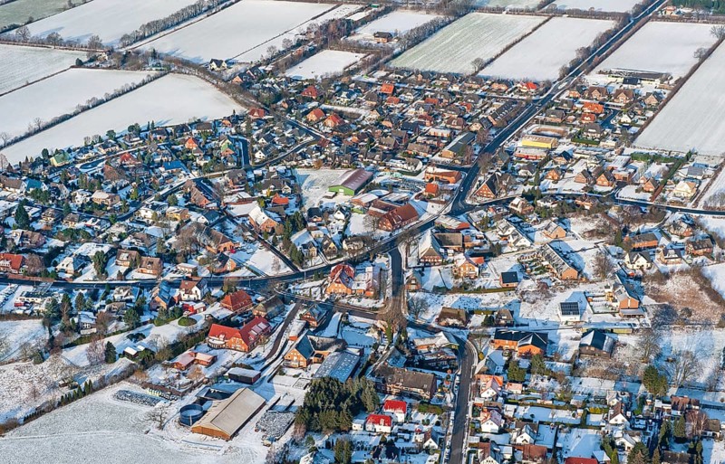 Aerial view of Stapelfeld in winter, snow, village, Stormarn district, Schleswig-Holstein, Germany, Europe