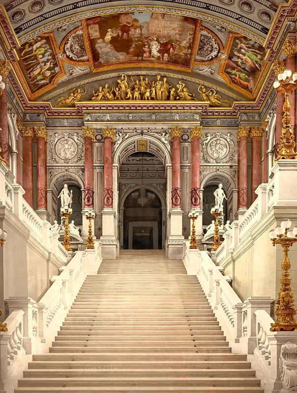 Der Aufgang im Burgtheater in Wien, Österreich, um 1890, Historical, digitally restored reproduction from a 19th century original, The staircase in the Burgtheater in Vienna, Austria, around 1890, Historical, digitally restored reproduction from a 19th century original, Europe