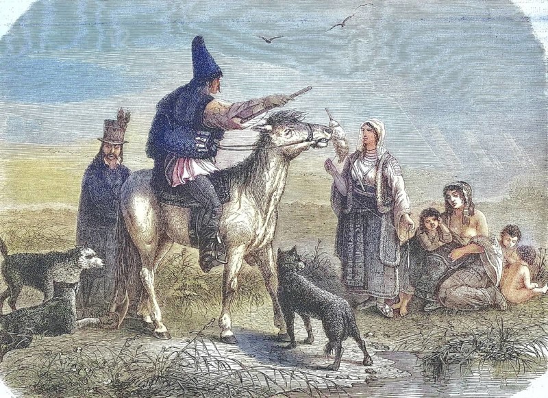 Peasants in country traditional costume in Bukovina, 1869, formerly Austria, today Ukraine, Historic, digitally restored reproduction of an original 19th century original, exact original date not known