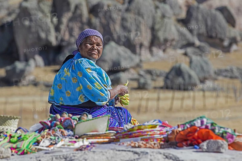 Mexican woman of the Rarámuri, Tarahumara tribe in traditional dress near the town Creel, Sierra Madre Occidental, province of Chihuahua, Mexico, Central America