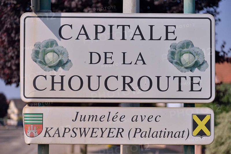 Sign "Capitale de la Choucroute", the capital of sauerkraut, on the village boundary of Krautergersheim, Krautergersheim, Département Bas-Rhin, Alsace, France, Europe