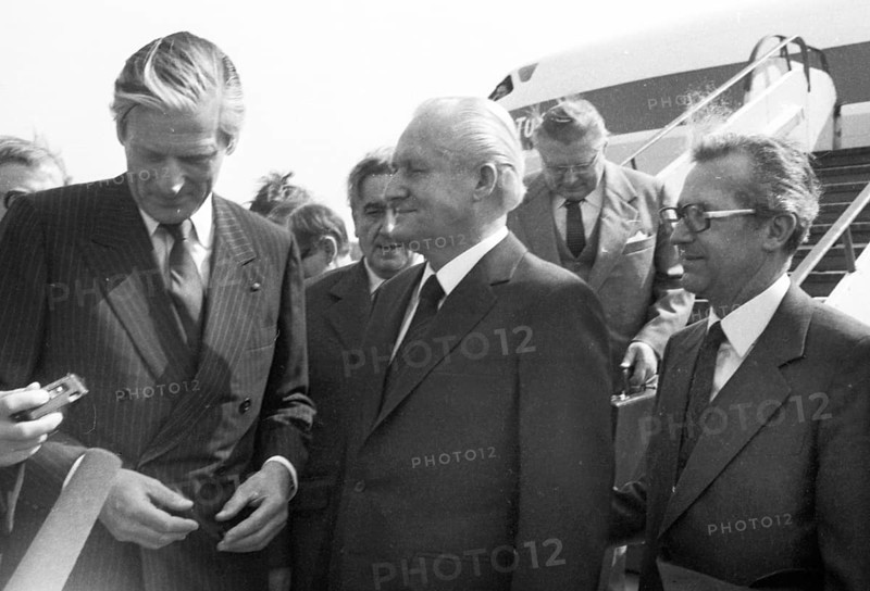 The Krupp concern used the visit of the important GDR politician, Guenter Mittag, to Bonn for talks in the Villa Huegel with Berthold Beitz on 17 April 1980 in Essen.Walter Leisler-Kiep (CDU) receives Guenter Mittag (SED) 9in Cologne-Bonn Airport, Germany, Europe
