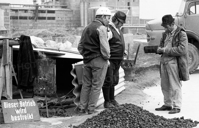 The workers and their union reacted to the employers of Seibel and Soehne a cement plant in Erwitte, here on 18.4.1975, by occupying the plant after the employer reacted by dismissing 86 (out of over 100) workers, Germany, Europe