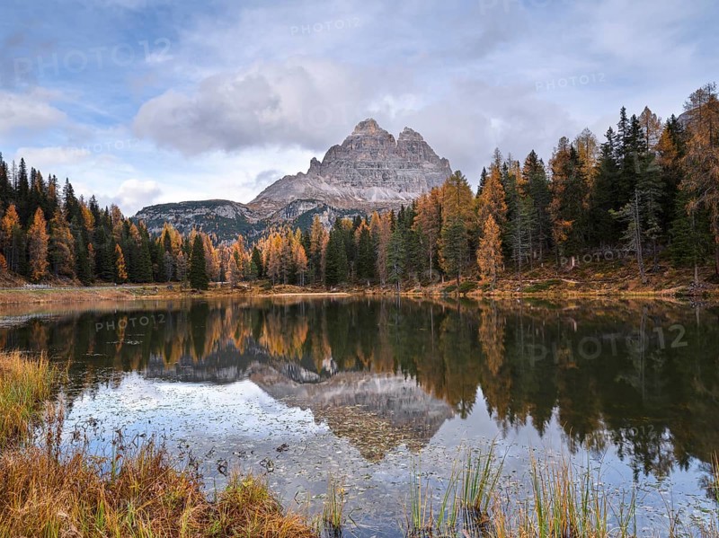 Three Peaks at Lago d'Antorno, autumn larches, reflection, Three Peaks nature park Park, Dolomites, South Tyrol