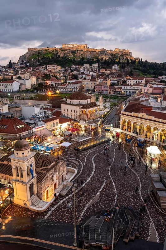View over the old town of Athens, with Panagia Pantanassa Church, Tzisdarakis Mosque and Acropolis, illuminated Monastiraki Square, Athens, Attica, Greece, Europe