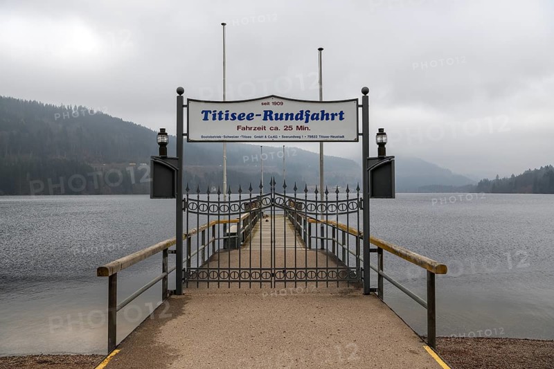 Closed jetty on Lake Titisee in winter, municipality of Titisee-Neustadt, Breisgau-Hochschwarzwald district, Baden-Württemberg, Germany, Europe