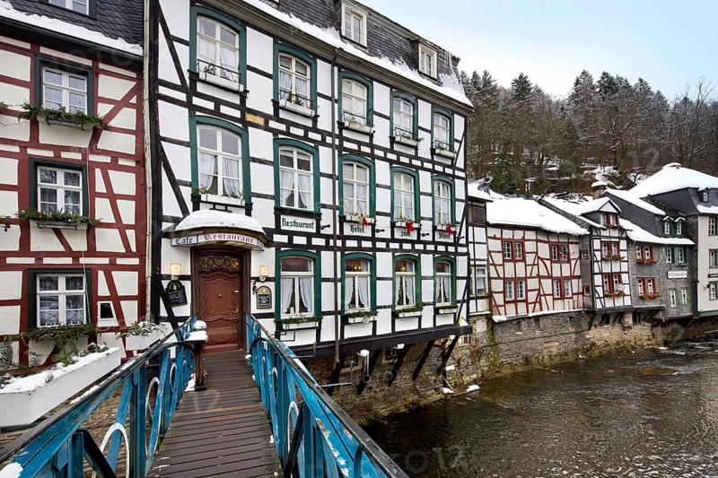 Historic half-timbered houses along the Rur near Monschau, Eifel, North Rhine-Westphalia, Germany, Europe