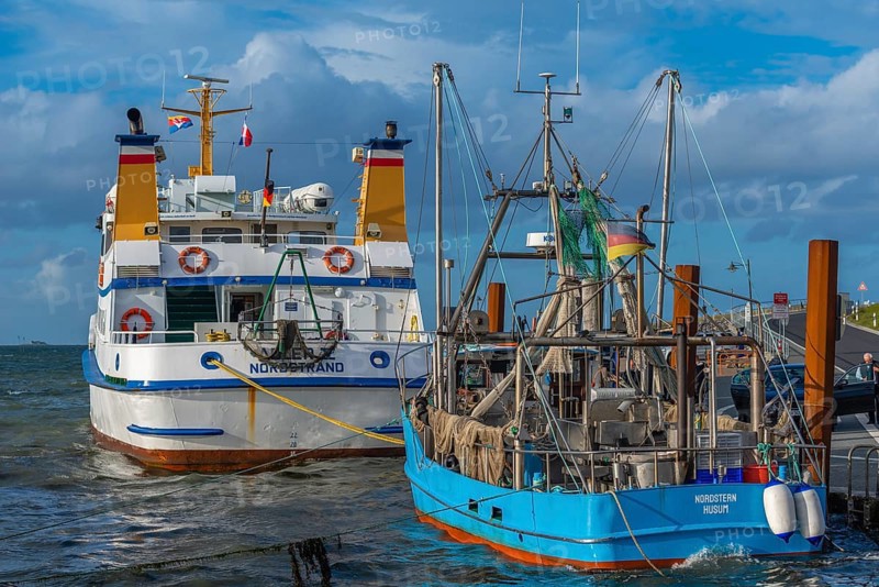 Ferry harbour Strucklahnungshörn, peninsula Nordstrand, fishing cutter, excursion boat, North Sea, sunshine, North Frisia, Schleswig-Holstein, Germany, Europe