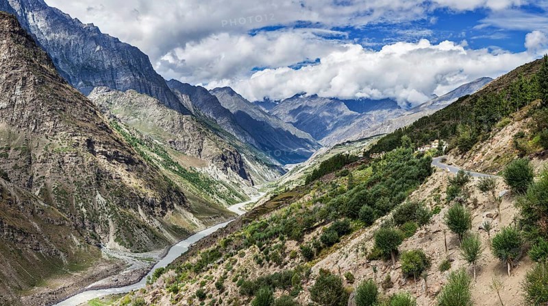 Panorama of Chandra river in Lahaul valley in Himalayas. Himachal Pradesh, India, Asia