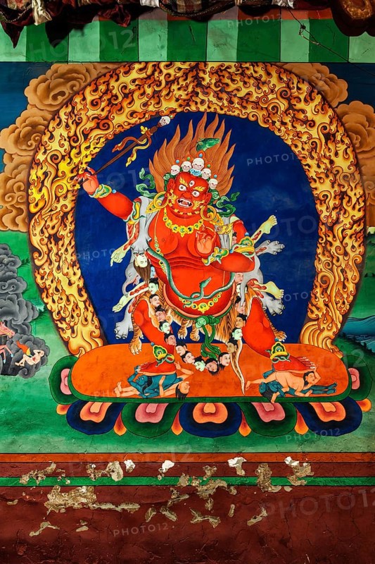 HEMIS, INDIA, SEPTEMBER 4, 2011: Wall painting of Dharmapala, Tibetan Buddhism wrathful protector deity. Hemis gompa (monastery), Ladakh, India, Asia