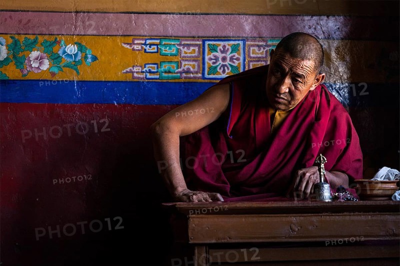 DISKIT, INDIA, SEPTEMBER 6: Tibetan Buddhist monk in Diskit gompa on September 6, 2011 in Diskit, India. Diskit gompa is the oldest and largest Buddhist monastery (gompa) in the Nubra Valley of Ladakh, India, Asia