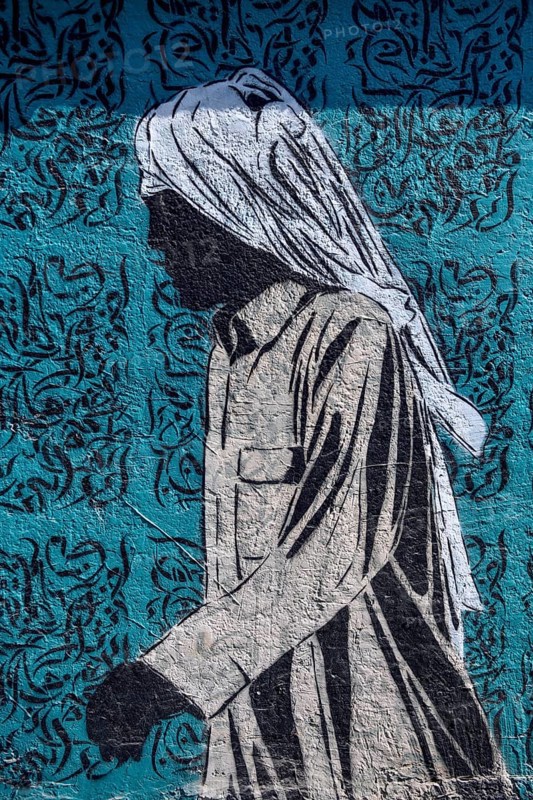 Mural of a man with headscarf, graffito, Al Khobar, ash-Sharqiyya province, Persian Gulf, Saudi Arabia, Asia