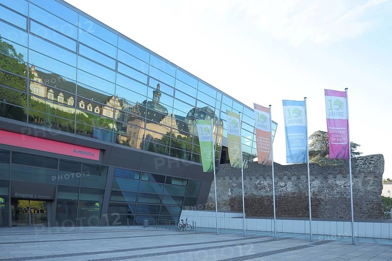 Reflection in the Darmstadtium and city wall in Darmstadt, Bergstrasse, Hesse, Germany, Europe