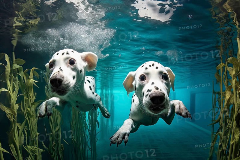 Two Dalmatian puppies diving in a river, AI Generated