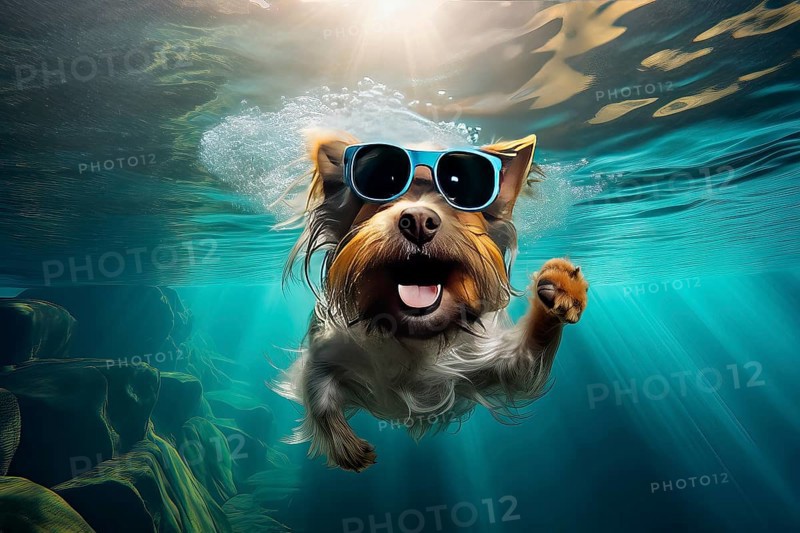 Yorkshire Terrier wearing sunglasses and diving in a river, AI Generated