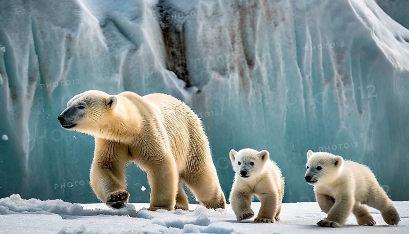 A polar bear with its two cubs walks through the snow in the polar region, AI generated