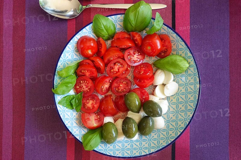 Italian cuisine, starter salad, cocktail tomatoes, cherry tomatoes halved, tomatoes, mozzarella, basil, green olives, vegetarian, healthy, plate, food photography, studio, Germany, Europe