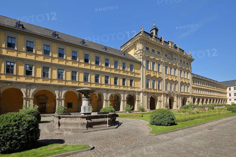 Inner courtyard and fountain with baroque princely building with arcade and gardens of the Juliasspital, baroque, flowerbed, palace, Würzburg, Lower Franconia, Franconia, Bavaria, Germany, Europe