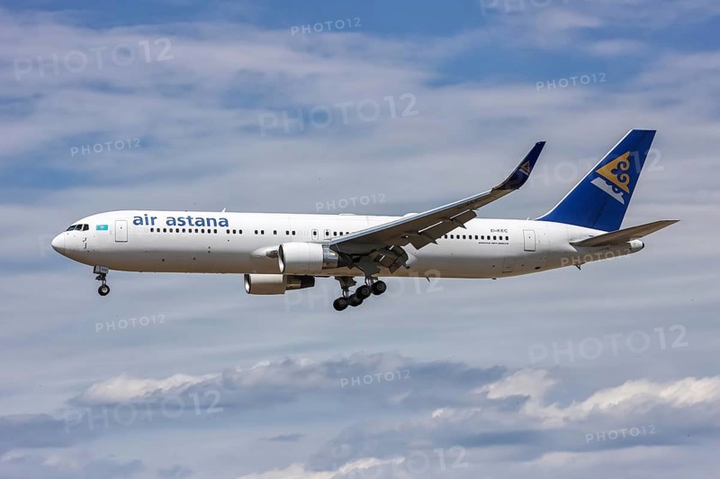 An Air Astana Boeing 767-300ER aircraft with the registration EI-KEC at Frankfurt Airport, Germany, Europe