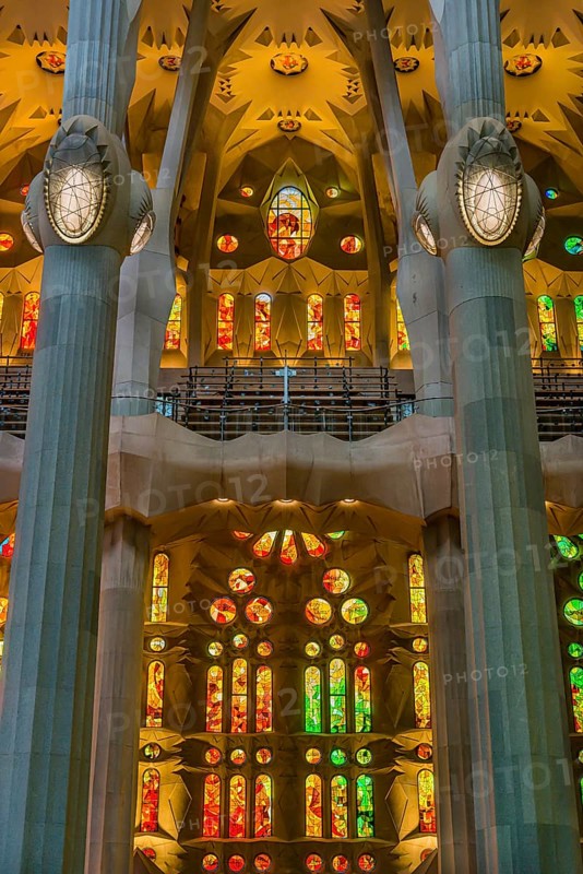 Interior view of the Familia Sagrada by the architect Antonio Gaudi in Barcelona, Spain, Europe