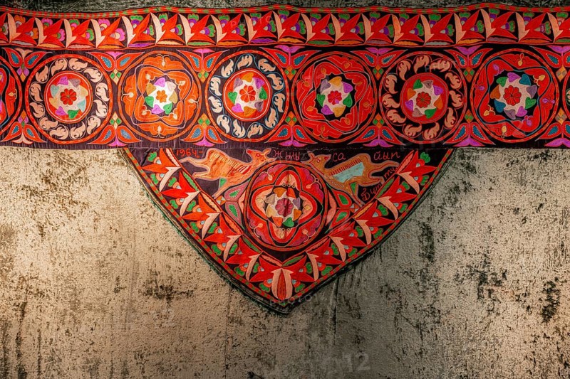 Traditional carpet with pattern, exhibition in the State History Museum, interior view, Bishkek, Kyrgyzstan, Asia
