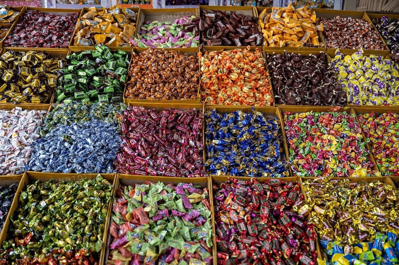 Sweets, market stall at the Osh Bazaar, Bishkek, Kyrgyzstan, Asia