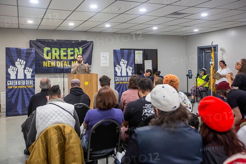 Dearborn, Michigan, Dearborn Mayor Abdullah Hammoud speaks at a rally calling for a Green New Deal. The plan calls for government to devote more resources to fightiing climate change, while securing affordable and reliable power and an end to pollution in low-income communities. The rally was held at United Auto Workers Local 600