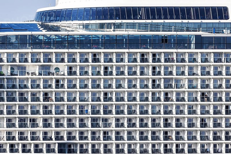 Odyssey of the Seas, cruise ship of the shipping company Royal Caribbean International, LÜA 347 metres is located in the cruise port of Kusadasi. Detailed view of the cabins, balconies and windows, Kusadasi, Kusadasi, Aydin Province, Aegean Region, Turkey, Asia