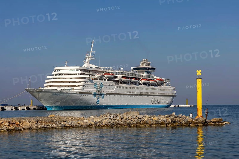 Celestyal Olympia, cruise ship of the Cypriot Celestyal Cruises, length 214 metres. Cruise harbour of Kusadasi. The Turkish harbour town of Kusadasi in the Aegean is a popular holiday resort and destination for cruises in the Mediterranean, Kusadasi, Kusadasi, Aydin province, Aegean region, Turkey, Asia
