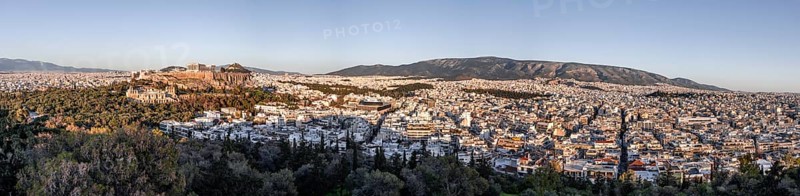 View from Philopappos Hill over the city, panorama of the Parthenon Temple and Herod's Amphitheatre, with Acropolis Museum, Acropolis, Athens, Greece, Europe