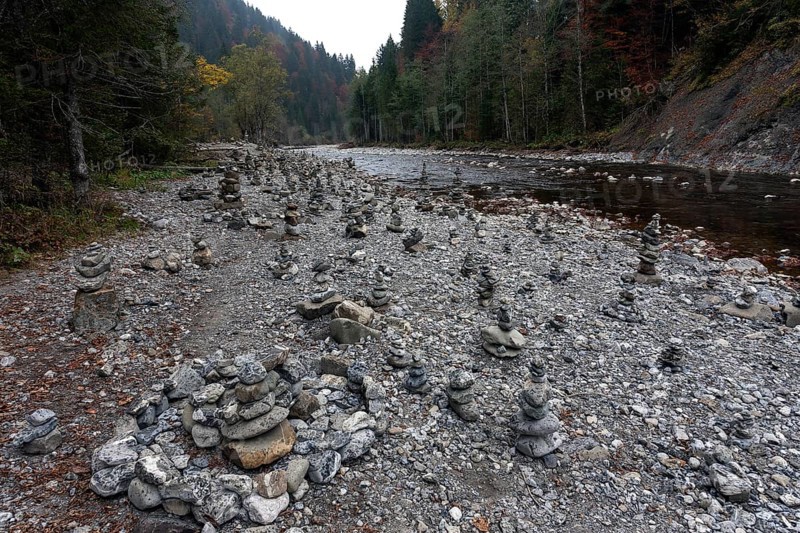 Cairn on the banks of the Breitach, near Oberstdorf, Oberallgäu, Allgäu, Bavaria, Germany, Europe