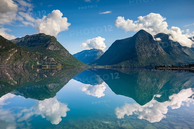 Reflection in lake Oppstrynsvatnet, Oppstryn, Stryn, Norway, Europe