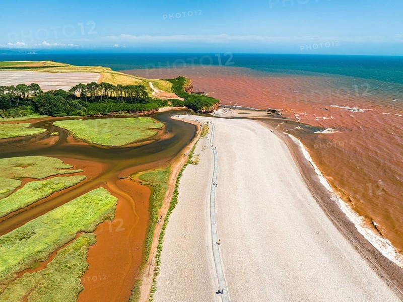 River Otter Estuary Nature Reserve from a drone, Budleigh Salterton Beach, Devon, England, United Kingdom, Europe