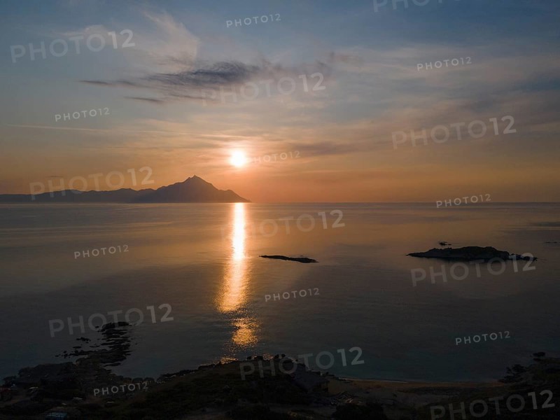 Aerial view, sunrise, view of Mount Athos, Orthodox monastic republic with autonomous status under Greek sovereignty, taken from Kriaritsi, Sithonia, Chalkidiki, Central Macedonia, Greece, Europe