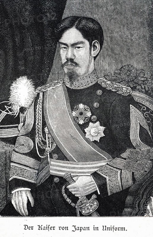Portrait of Emperor Mutsuhito Mikado in uniform, Tokyo, Japan, ruler, armchair, sitting, from front, order, sword, badge, beard, historical illustration c. 1898, Asia
