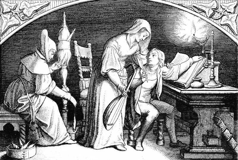 Martin Luther in the house of his future foster mother Frau Gotta, Germany, room, desk, lute, candle, book, chair, spindle, spinning, 15th century, historical illustration c. 1860, Europe