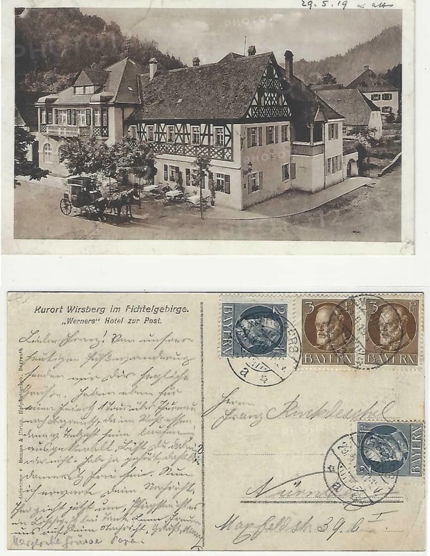 Both sides of a picture postcard from 1919, Hotel Zur Post in Wirsberg, today 2-star restaurant of Alexander Herrmann, district of Kulmbach, Upper Franconia, Bavaria, Germany, Historic, digitally restored reproduction from an original of that time, Europe