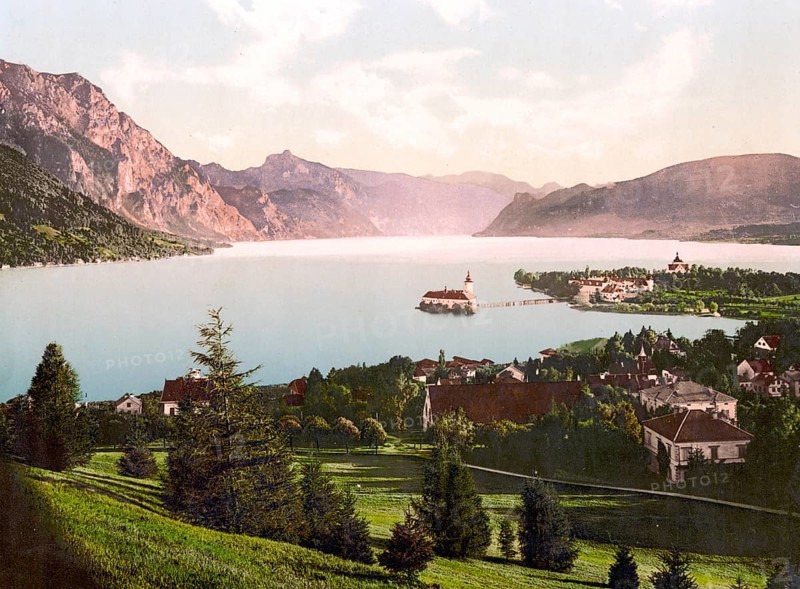Gmunden and Traunkirchen, Austria, c. 1890, Historic, digitally restored reproduction from a 19th century original, Gmunden and Traunkirchen, Austria, c. 1890, Historic, digitally restored reproduction from a 19th century original, Europe