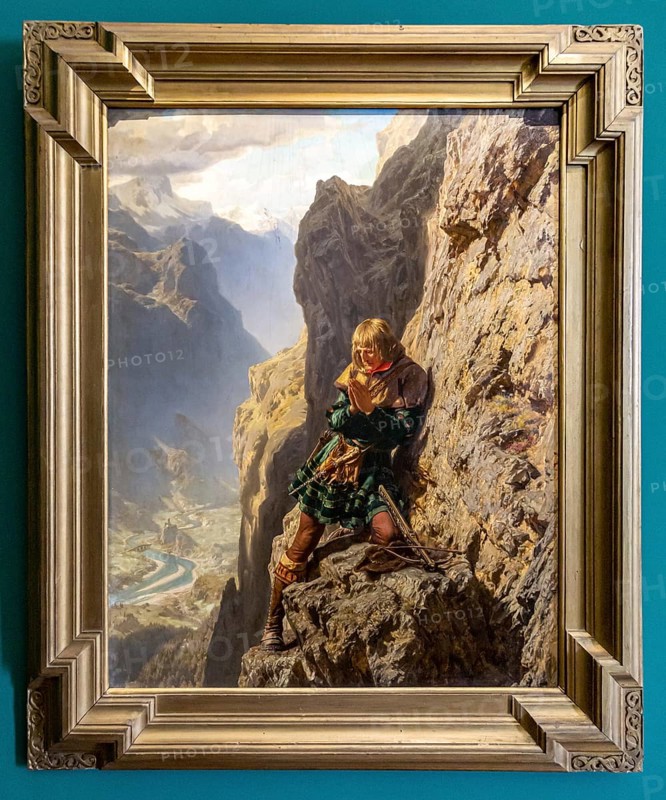 Emperor Maximilian in the Martinswand, The young emperor is in great danger and looks into the abyss. According to a popular Tyrolean legend, Maximilian I (1459-1519) got hopelessly lost in the mountains during a chamois hunt near Innsbruck, Historical, digitally restored reproduction of a 19th century original