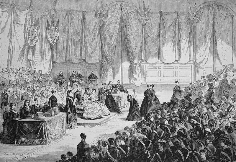 Empress Eugenie de Montijo, Maria Eugenia Ignacia Agustina de Palafox Portocarrero de Guzman y Kirkpatrick presiding over the award ceremony at the Imperial Institution of the Region of Honour in Saint Denis, 1869, France, Historic, digitally restored reproduction of an original 19th century master, exact original date unknown, Europe