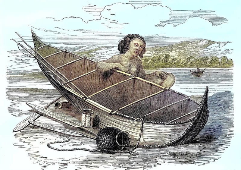 Woman with a Canoe on Tierra del Fuego, 1868, Patagonia, Historic, digitally restored reproduction of an original 19th century painting, exact original date unknown