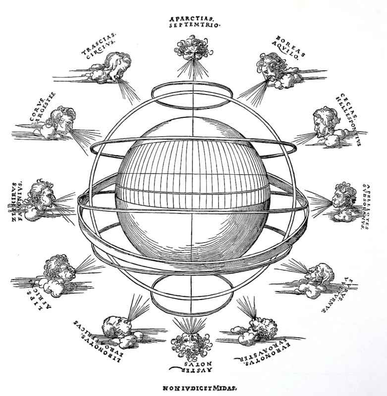 The Armillary Sphere. The globe surrounded by seven circles and twelve wind gods, woodcut by Albrecht Dürer, historical, digitally improved reproduction of an old woodcut