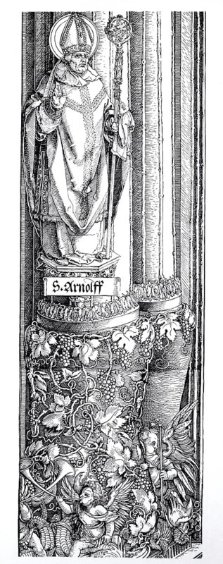 The triumphal arch for Emperor Maximilian, base of the right corner column, woodcut by Albrecht Dürer, historical, digital improved reproduction of an old woodcut